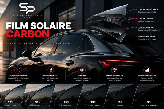 Film solaire carbone SPT CARBON – rejet de chaleur, protection UV, intimité, teintes 5% à 85%